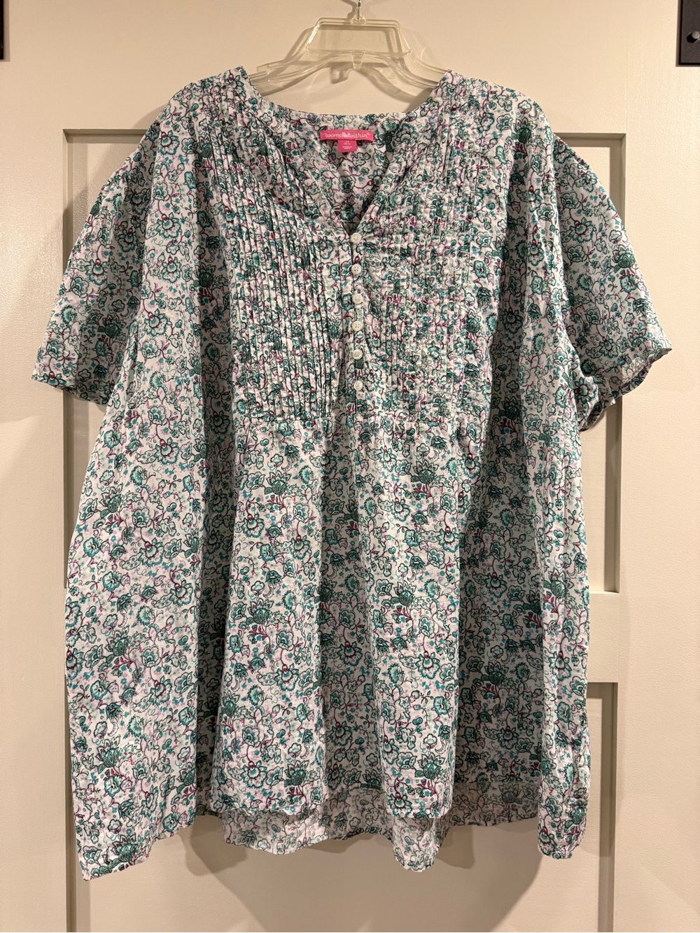 Floral Pintuck Button Front Blouse in Teal & Pink